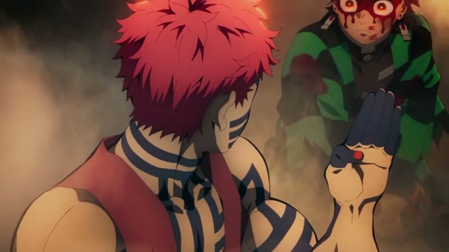 Still from the Tanjiro & Giyu vs Akaza scene in Demon Slayer